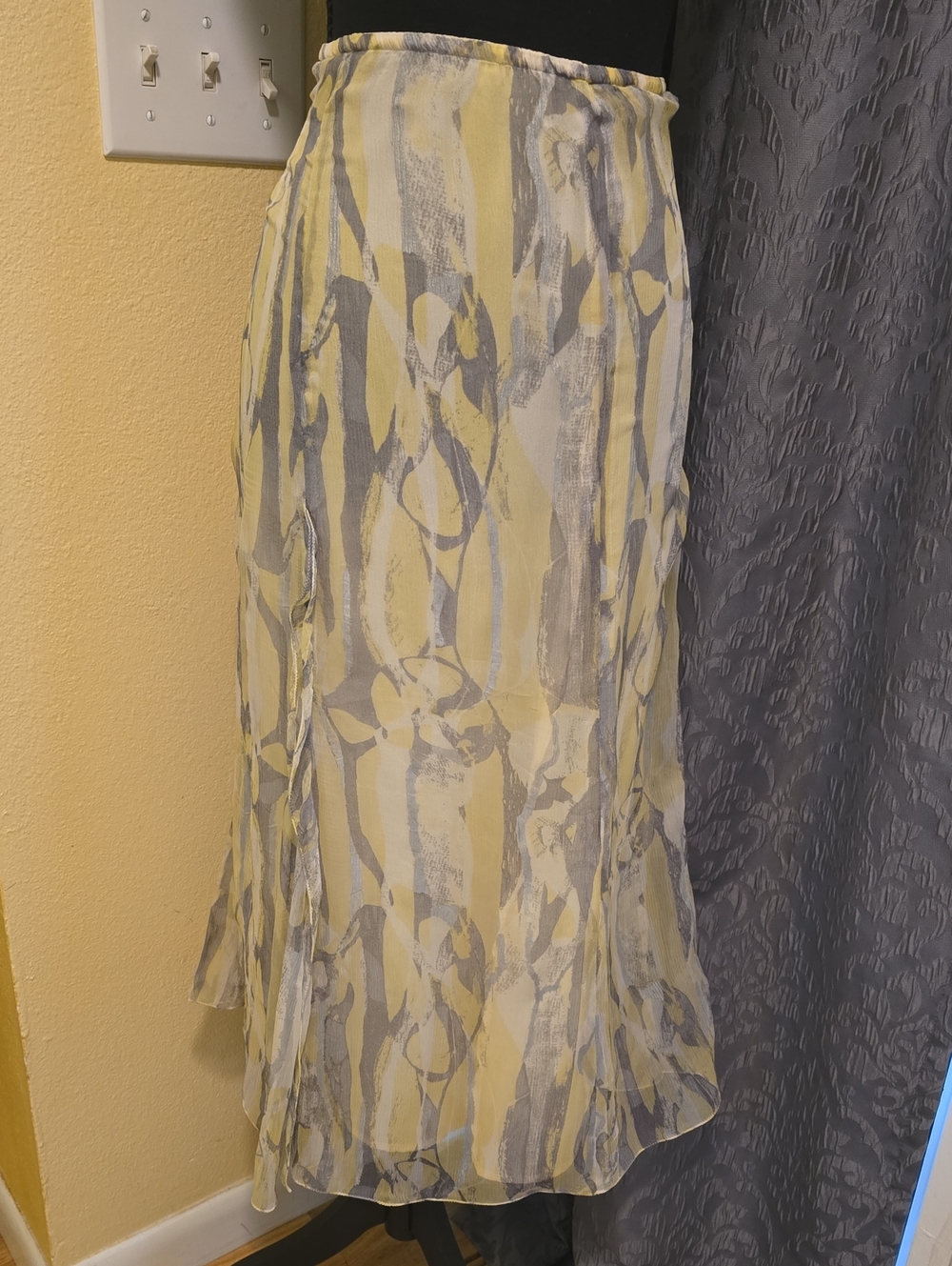 Yellow and Gray Abstract Silk Midi Skirt